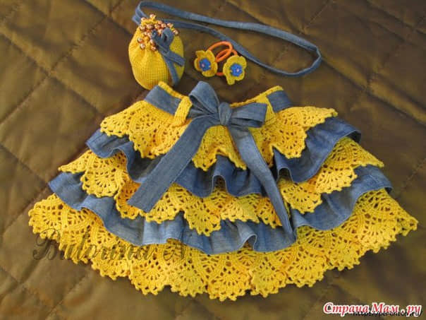 Falda combinada tejida a crochet con tela para niñas1